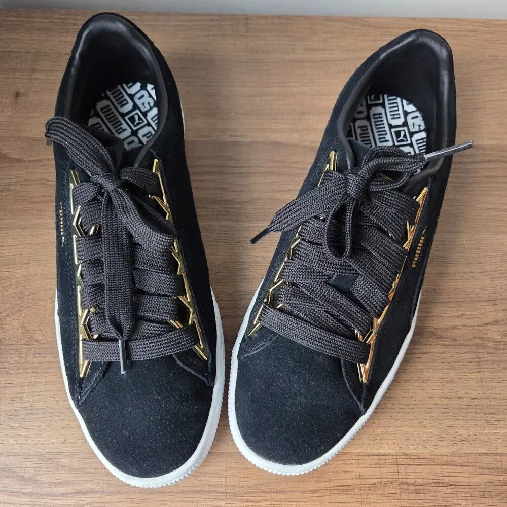 LIKE NEW PUMA 50TH ANNIVERSARY BLACK SUEDE /GOLD SNEAKERS SIZE 9 WOMENS